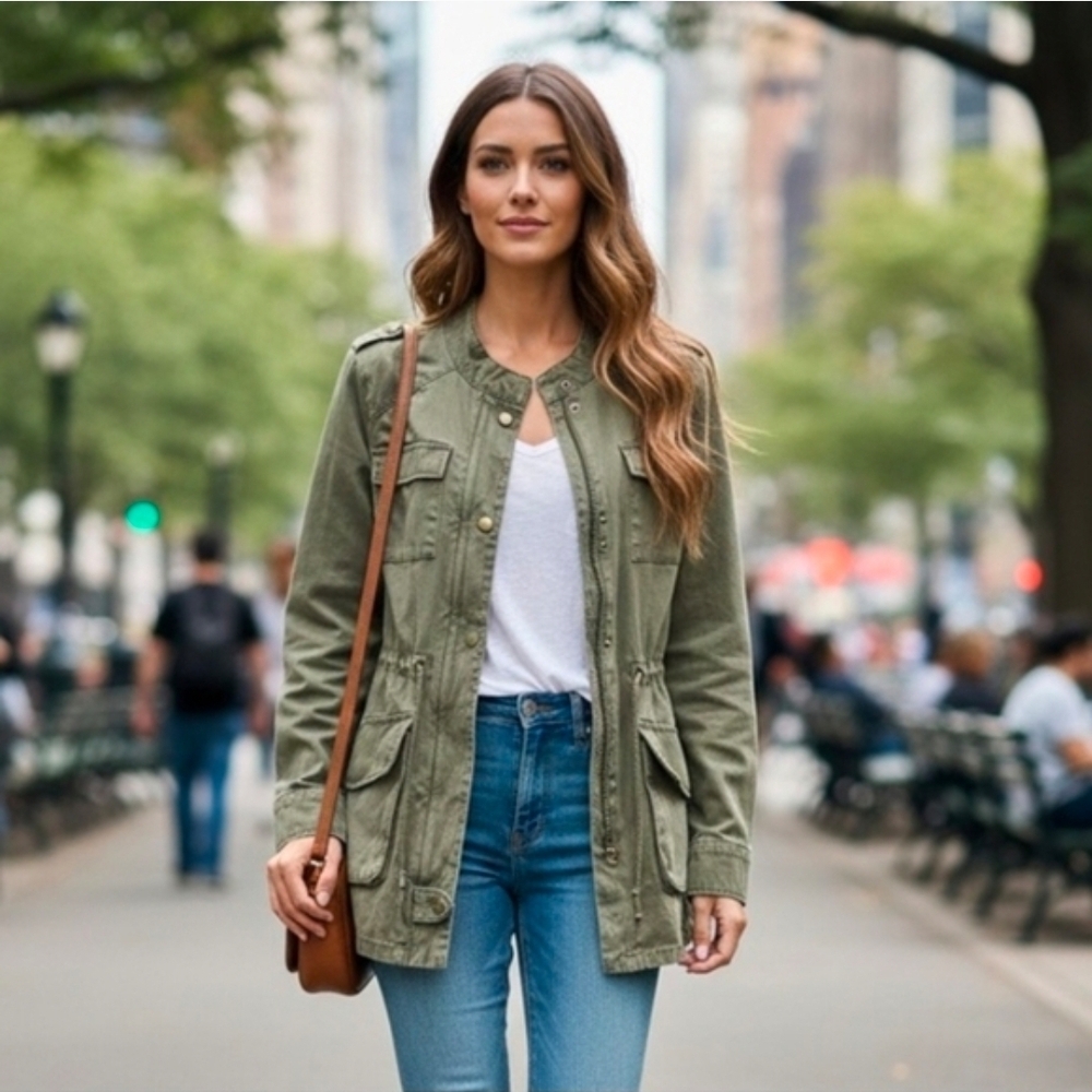 Per Se Canvas Olive Green Utility Jacket Rugged Size Large POCKETS Drawstring - Picture 1 of 16